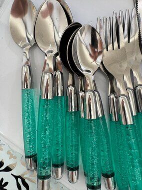 16-Piece Stainless Steel Flatware Set, Bubble Green Handles, Service for 4